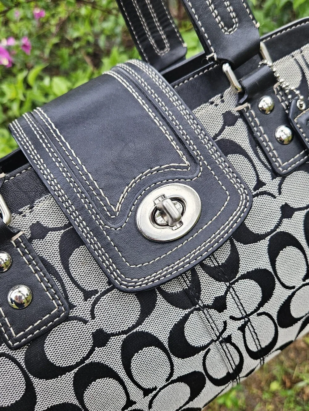 Coach Hampton Signature Carryall Satchel F13975 Black Gray Canvas Leather Turnlo